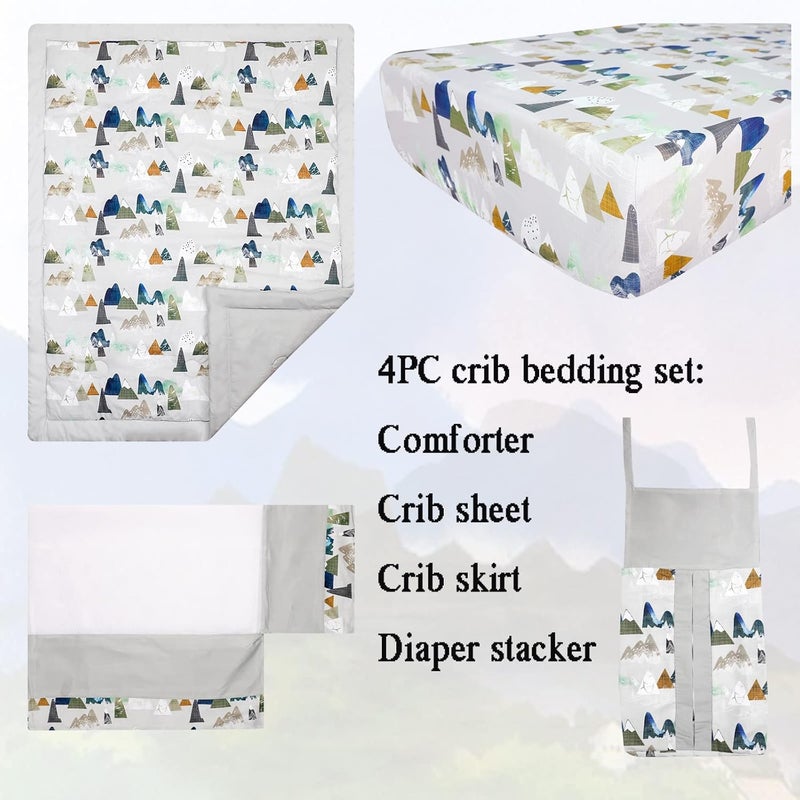 TANOFAR 4 Piece Crib Bedding Set for Boys, Infant & Toddler Nursery Bed Set with Crib Skirt, Quilt, Crib Sheet and Diaper Stacke, Standard Size Soft Baby Bed Set (Grey Mountain) - Image 2